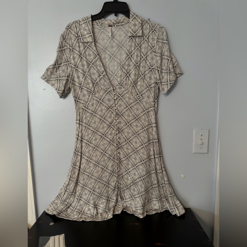 Free People Melody Geometric Button Down Fit & Flare Swing Dress Gray Blue Sz 10